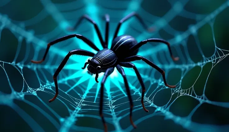  An ultra detailed black widow spider in the bioluminescent spider web, seen from above the spiders have 8 legs not 10 