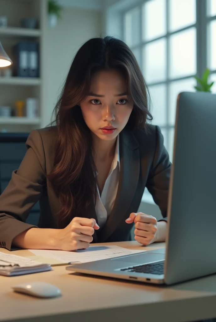  create an image of a girl with long hair, lips,  well dressed,  well-behaved and Asian style ,  27-year-old ,  sitting at an office table , Angry with the computer