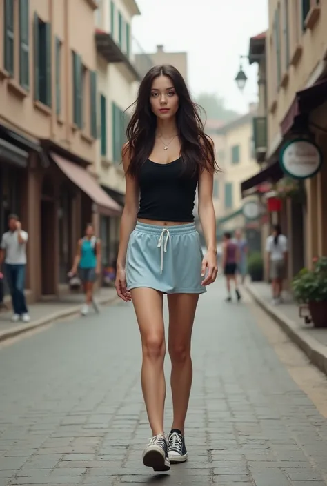 Dark brown haired girl with pale skin wearing a pale blue athletic skirt and black tanktop and black converse shoes walking down a historic main street