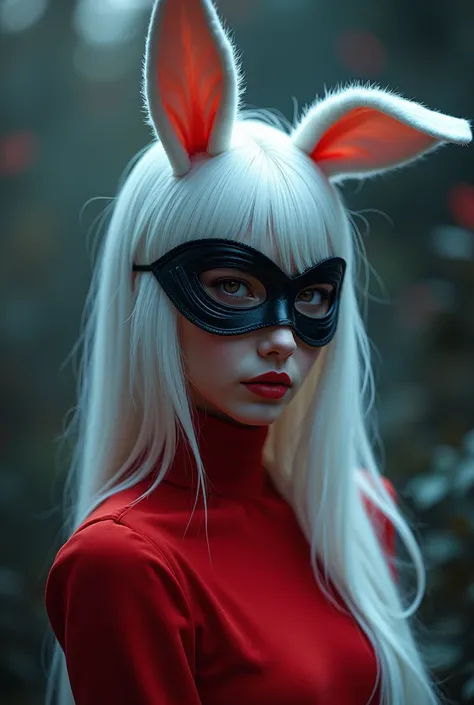  Young woman with long white hair, bunny ears, wearing a black mask and a red blouse ,  detailed face,  hyperrealistic,  masterpiece fails, ultra detailed, 8 k,  Photorealistic, dramatic lighting, fantasy,  digital art,  cinematic fortune , bright colors, ...