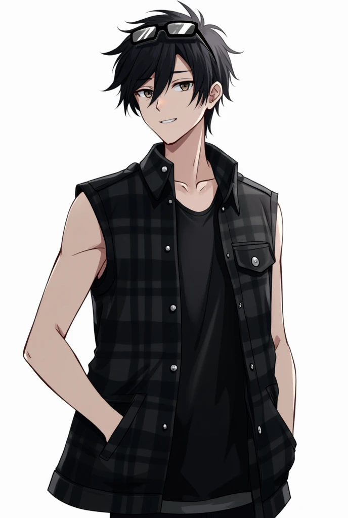 Make me animated young man with black hair and black glasses in his hair and a black sleeveless jacket with black flannel and short sleeves animated black all animated 