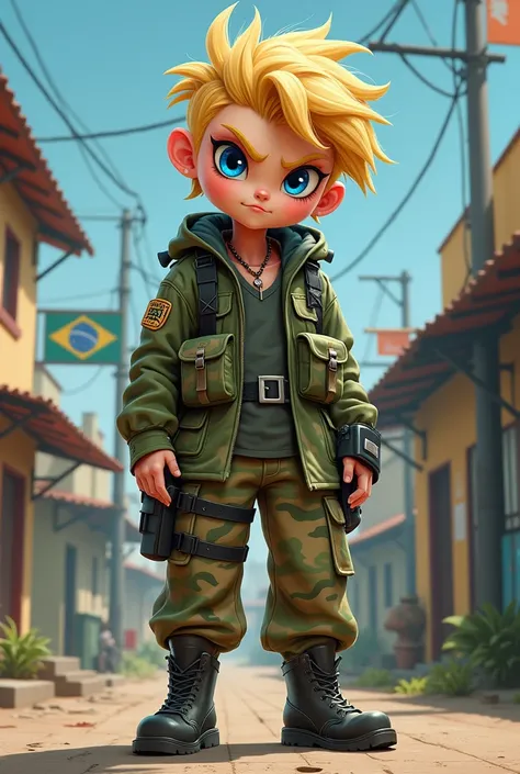  wearing military clothing from the Brazilian barracks with cartoon features blue eyes and blond hair 

