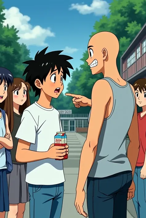 ANIME STYLE FROM THE 80s. A 15-year-old teenage boy with messy black hair, wearing a white t-shirt and jeans is in the school yard drinking a juice box, a bald teenage bully wearing a tank top is pointing his finger and laughing in his face . other student...