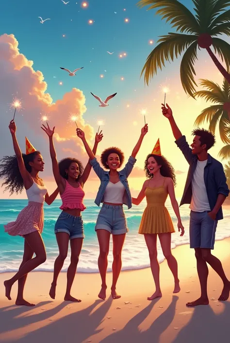  make an image with 5 friends celebrating New Year at the beach,  but of those 5 friends two are s and 3 boys , being two black boys  