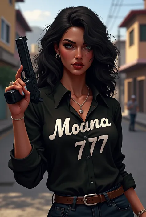 Create a photo of a character from GTA RP Brunette with curly black hair on her shoulder , Black blouse written by Moana 777 and a gun in the hand behind the characters a favelas realism from GTA 5