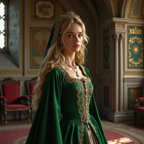 Women with blonde hair wearing a green tudor style dress and a french hood on her head standing in her room in a medieval castle
