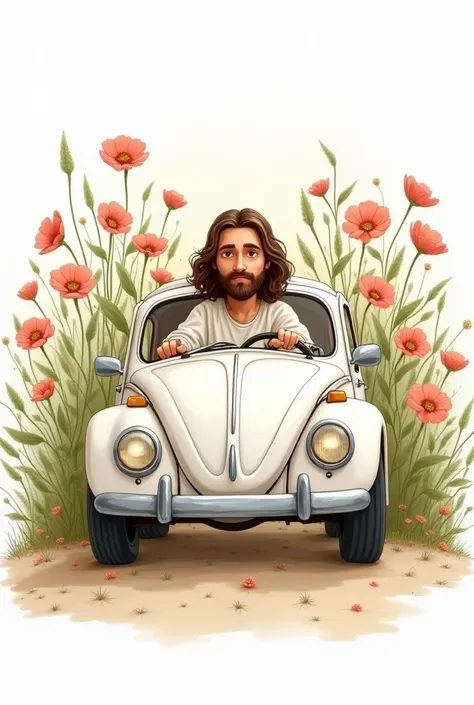 cartoon, simple illustration for a story, watercolor type, image of Jesus driving a car, white full of flowers, flowers in the background of the car, focused on the front of the car, high quality delicate cores in the details of the image white background