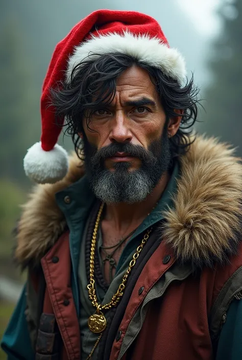 Male gypsy with fur ,  scruffy gold necklace and realistic Santas cap