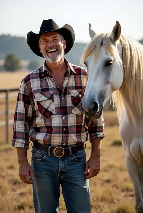  wearing a plaid shirt and jeans,  with a black hat that he lifts a little ,  revealing a wide and contagious smile .  His gold teeth shine in the sunlight ,  adding a touch of charm to his laugh . Next to him,  are two majestic white horses , with long an...