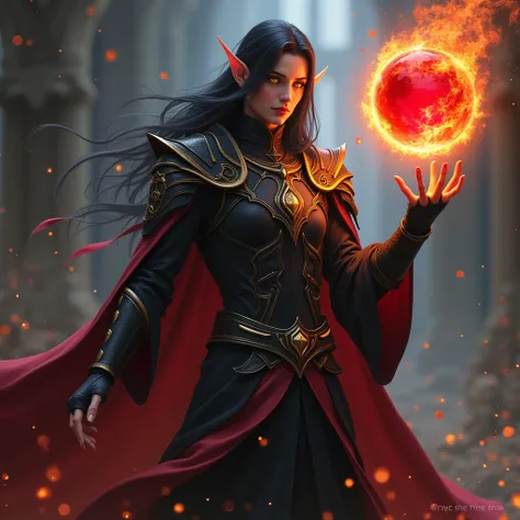 An elf mage with black hair and yellow eyes, 180 centimeters tall, in black and red mage armor, in one hand he holds a crimson sphere that levitates above his hand, and with his other hand he extends it to the side and creates fire. on the background 