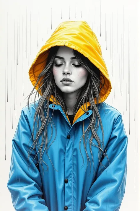 A hyperdetailed photorealistic black and white pencil sketch of a young woman  in full rain gear with her head tilted back, allowing the rain to run down her face. Her eyes are closed. As the water touches her skin, it creates tiny, hyper realistic mico sp...