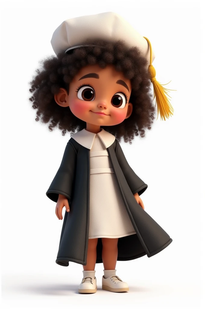 A Pixar-style preschool girl stands. She wears a black academic gown with white trim, including an apron and a small cape. A white graduation cap with feathers around the top adorns her head. She has dark brown, tightly curled hair, a delicate face, and a ...