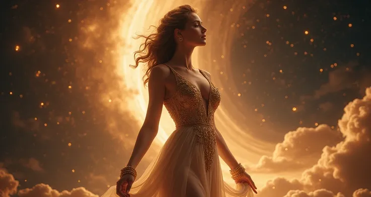 " Helen stands in a celestial plane ,  her dress shines like starlight .  looking up at the gods , kolları  elegant çe kaldırılmış.  Background ,  glowing nebulae illuminating her perfect figure ,  a swirl of stars and divine beams of light."

 Photorealis...