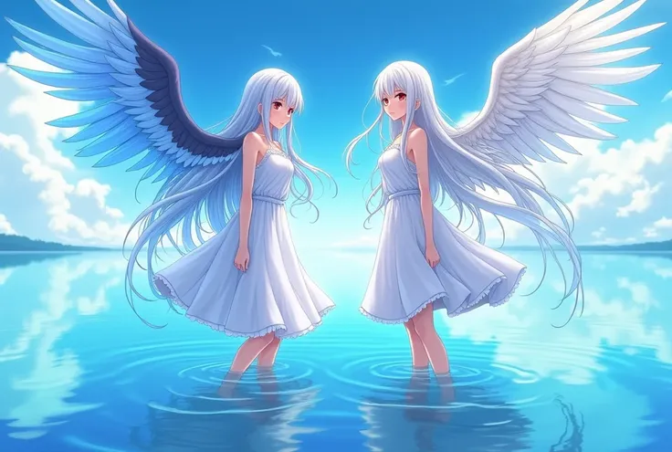 Two anime girls sexy body white silver hair very red eyes with white dresses in the sea and is reflected in the water the sky looks beautiful and she stands but without shoes in the sea, long hair, big breasts, very beautiful and a bright blue aura surroun...