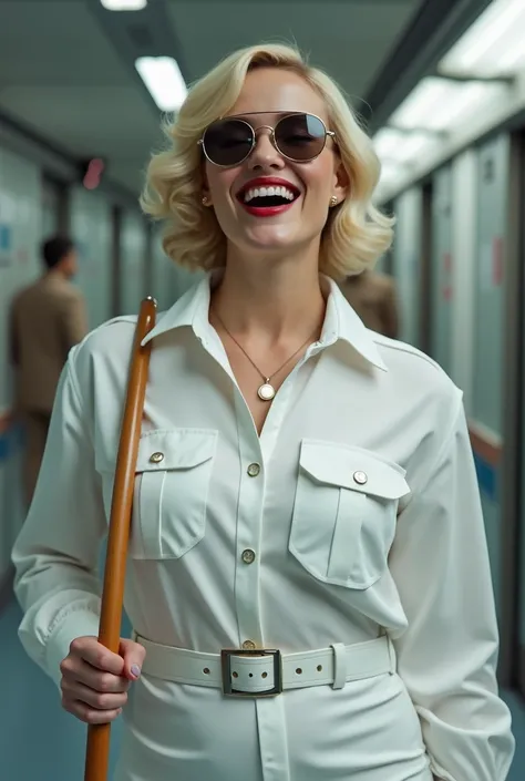 Высокое качество, 8K Ultra HD, white security woman , with Mailyn Monroe face, wear white casually down-button security uniform shirt, laughing with her mouth open, red lipstick accentuating her smile,belt on waist, big wide hips, chest are fully grown, ho...