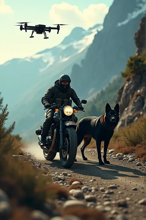 Create an image of a soldier and his black German shepherd dog using a drone on a motorcycle high up the hill 