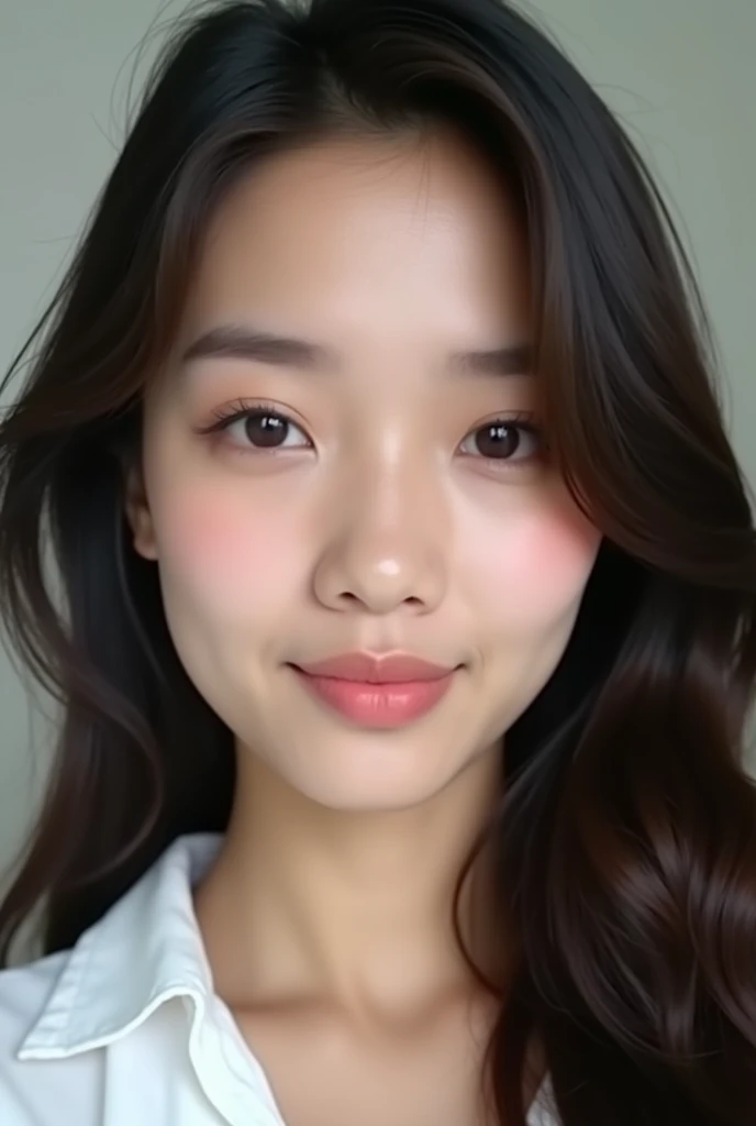 a close up of a woman with long hair and a white shirt, tiktok video, instagram filter, face with artgram, 8k selfie photograph, trending on tiktok, with instagram filters, detailed flawless face, zoom in on face, full round face, south east asian with rou...