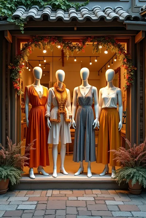 A storefront that has mannequins on it for each season, autumn spring summer and winter