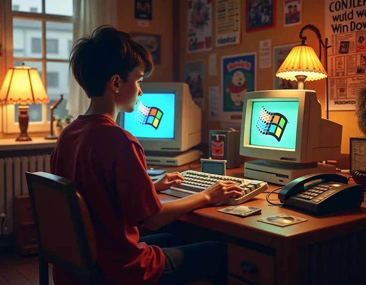 a room of 90s  with a computer running on windows 95