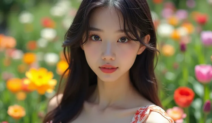 (( best quality )), (( masterpiece )), (detailed),  perfect face 1girl , Close-up selfie of a beautiful brunette ,  white-skinned Japanese in a garden with lots of colorful flowers, wearing a dress, close no rosto, Long hair black , of dress,  oriental fea...