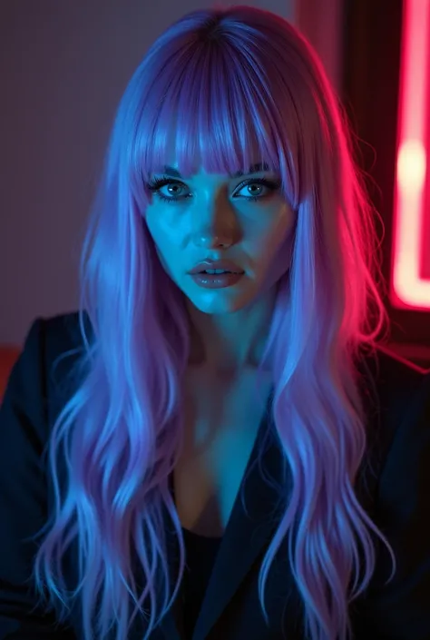 Surreal infrared portrait of a full-body woman with long lavender hair, straight bangs, and intense gaze. Adorable and charming features create a contrast with an otherworldly infrared appearance. She wears a dark outfit in a dimly lit setting.