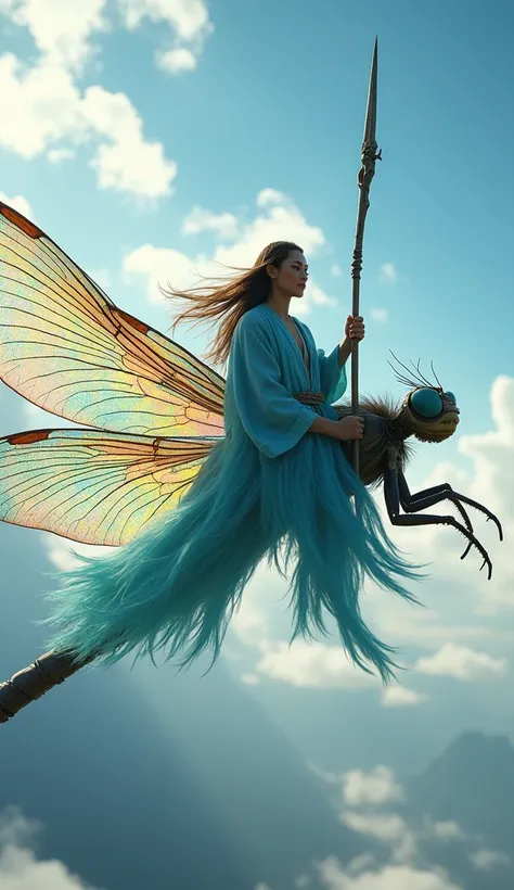 A hyper-realistic macro photograph of a sky rider, adorned in flowing azure robes lined with feathers, wielding a wind-summoning staff. He rides a giant iridescent dragonfly with translucent wings shimmering like rainbows. The background features a bright,...