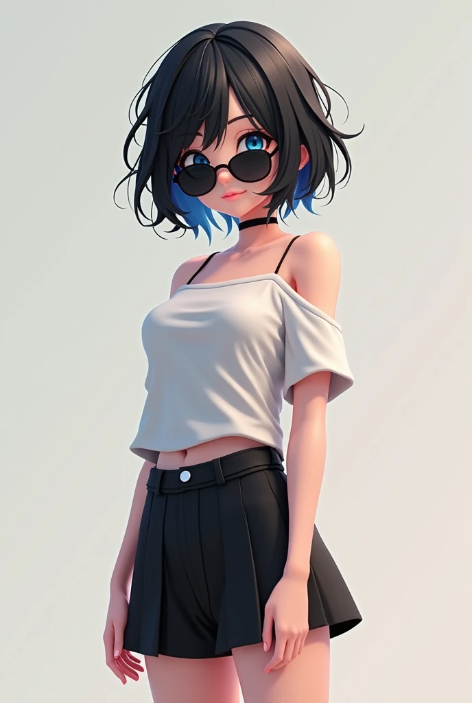 3D anime girl short black hair zero sleeve shirt short black skirt sunglasses