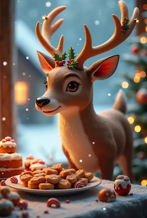 A Christmas reindeer eating 