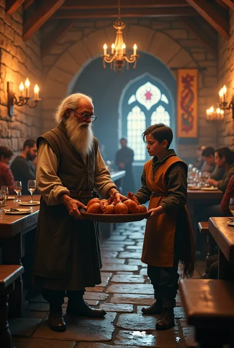 Can you create an image for me of an old man with glasses sold chicken and his half-adult assistant in a Game of Thrones-themed restaurant 