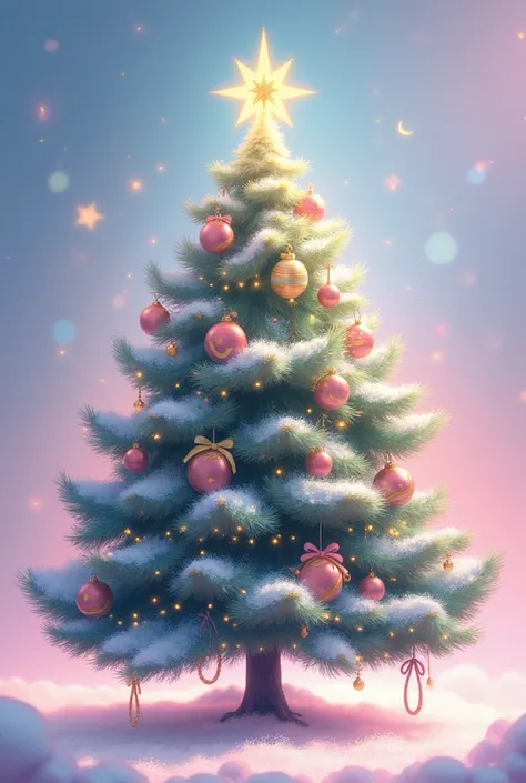 Make me a picture of a pastel pink Christmas tree decorated with a Sailor Moon theme 