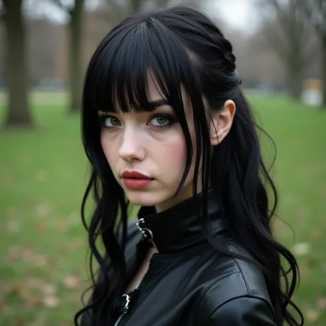 A young woman doing a Gothic Mikasa Ackerman cosplay,  all in black , Make it look like a very amateur photo, leather,  hostesses without makeup,  In a park 