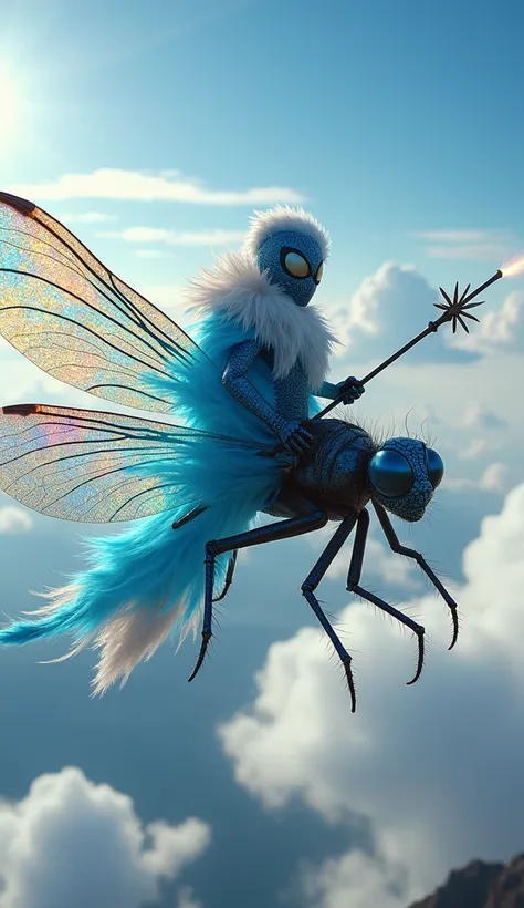 A  cute spider man as a hyper-realistic macro sky rider, adorned in flowing azure robes lined with feathers, wielding a wind-summoning staff. He rides a giant iridescent dragonfly with translucent wings shimmering like rainbows. The background features a b...