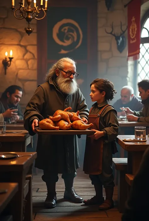 Can you create an image for me of an old man with glasses sold chicken and his half-adult assistant in a Game of Thrones-themed restaurant 