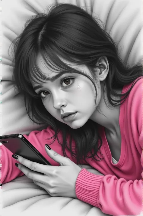 A hyperdetailed photorealistic black and white pencil sketch of a seventeen or eighteen year old girl, lying down, silently crying, looking at her smartphone, wearing a bright pink sweater. 