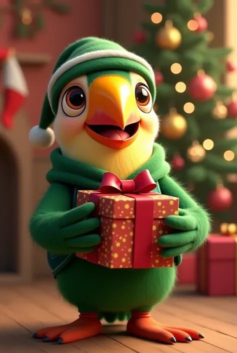  Create an animation of a cute toucan with human characteristics,  looking in front,  with green Christmas gown and green Christmas-style clothing , and with a gift box in hand 