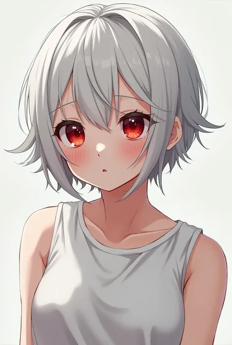 Name: Kesha

Age: 18

Gender: female

Appearance: short white hair, dark red eyes, tomboy
Anime style, wears a white sleeveless shirt, has eye bags Quite thick 