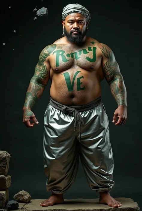  Displays the high resolution of an indonesian man  ,  stocky body tattooed with green warrant  ,  has the hand grip in the silver liquid coating is very large , wears silver pants covered in hijaul fabric ,  cloth binding on the head medium dynamic pose  ...