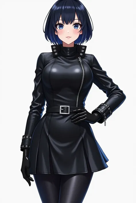 " Full body anime-style female character with short black hair with dark blue tips,  matching your dark blue eyes .  You have a curvaceous figure with large breasts . The outfit consists of :

 A tight black leather jacket ,  fitted with silver zippers ,  ...