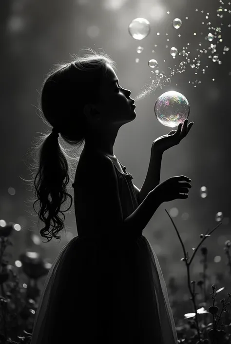 silhouette of a girl blowing soap bubbles black silhouette
