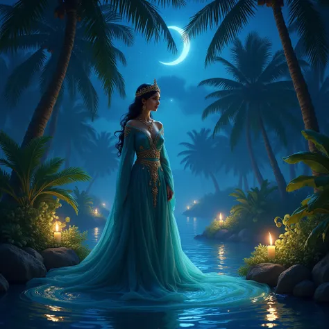 A beautiful Arabian princess in a midnight oasis, Fantastic night panorama 