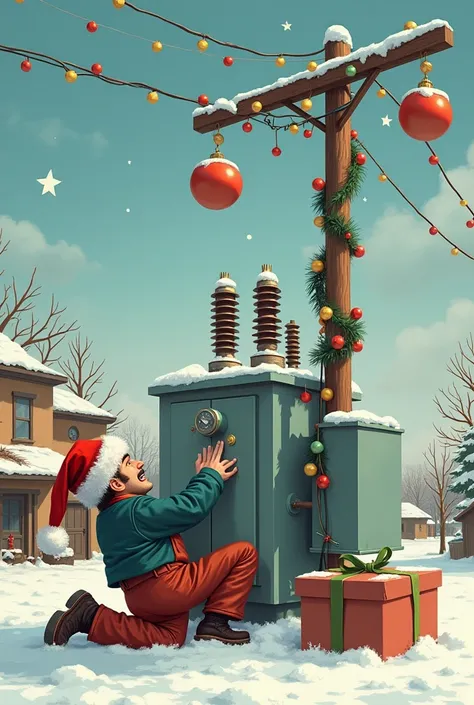 Postcard of an electrician on his back wearing a Santa Claus hat fixing a transformer on a pole decorated with Christmas balls 