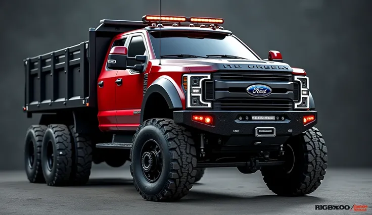 Create a realistic, detailed image of a Ford FMX 8X4 heavy-duty truck. The truck is rugged and built for extreme off-road conditions, with a powerful and boxy design. The cab is painted in a glossy dual-tone scheme, with the upper half in deep red and lowe...