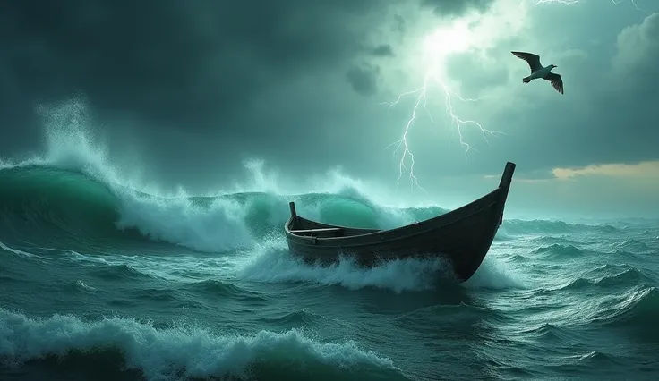 a boat keeping calm in the middle of a stormy sea 