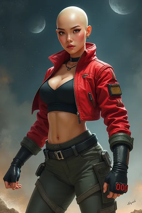 A bald asian female space bounty hunter wearing a red crop jacket, space pants, and fingerless gloves. She wears a tanktop underneath the jacket. Athletic muscular figure.