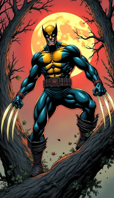  A mutant with bright adamantium claws and a yellow and black comic book mask , in an attacking pose on a felled tree .  His face shows an exaggerated growl with sharp teeth as leaves and branches fly around him. behind,  a reddish sky shows the silhouette...