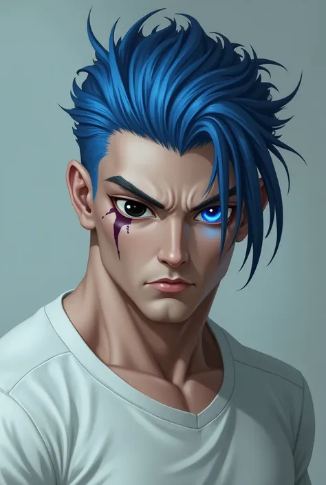  blue hair ,  blue-haired man , muscles,  left cheek scar , sleek hair ,  blue eyes ,  one eyeball is black,  White shirt