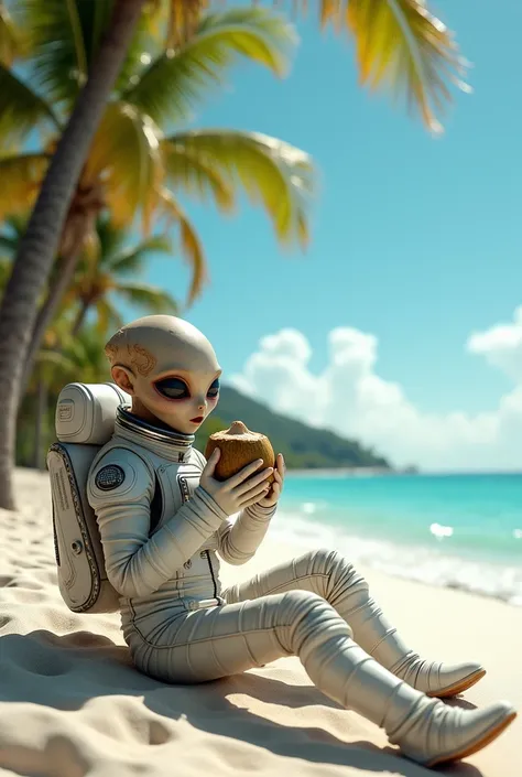  create an astronaut with the face of an alien, On a beach drinking coconut water ; Ultra Realistic, 4K, 