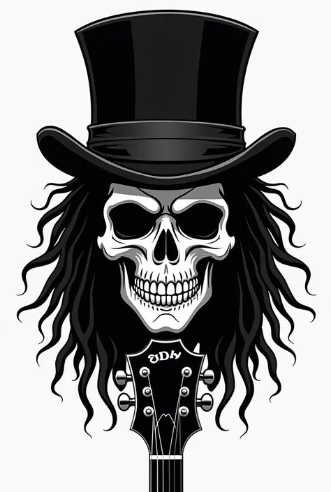  A skull using Slashs top hat and a Les Paul guitar, all in black and white with well-defined and minimalist features  