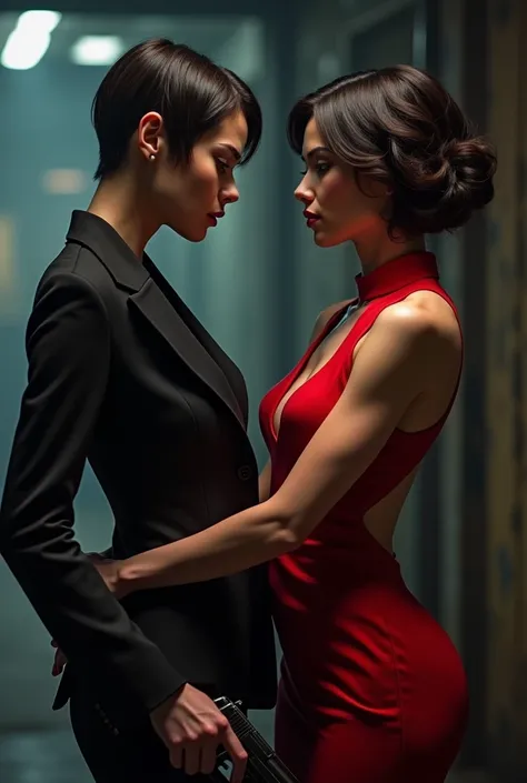 Two women, one with short hair and a suit and a gun, and the other in a red dress 