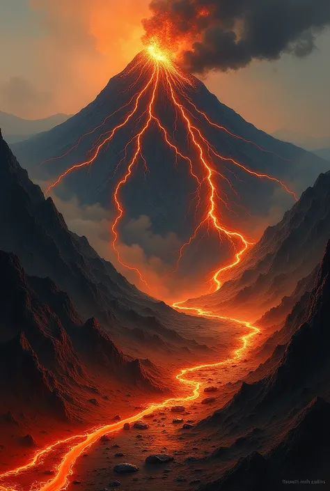 "A vivid medieval-style painting of molten lava and ash cascading down the volcano, with the landscape turning dark and fiery as the eruption intensifies."